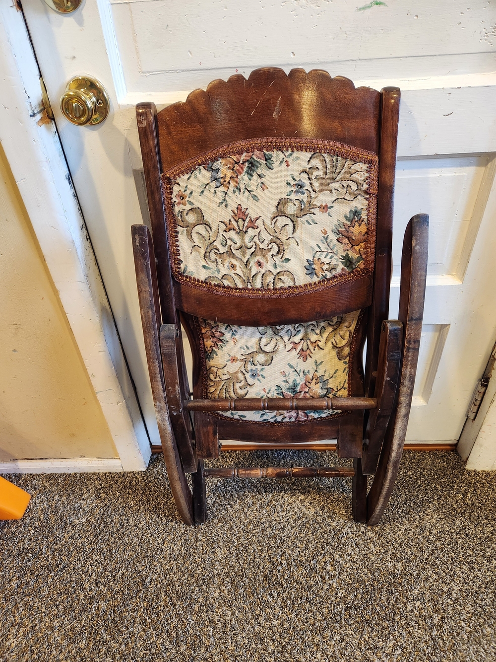 Antique Floral Upholstered Wooden Folding Rocking Chair - Brown - Picture 6 of 12